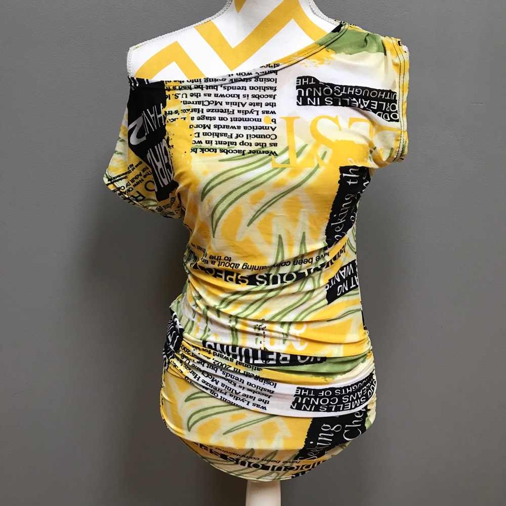Off the Shoulder Yellow B&W Shirt Blouse